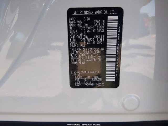 Aukcja sprzedaży 2020 Nissan Armada Platinum 4wd, vin: JN8AY2NE8L9782811, numer aukcji: 45297300