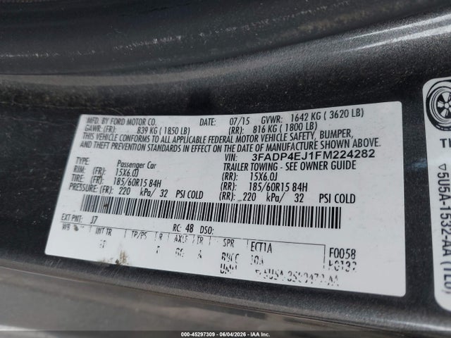 Продаж на аукціоні авто 2015 Ford Fiesta Se, vin: 3FADP4EJ1FM224282, номер лоту: 45297309