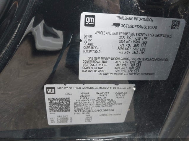 Продаж на аукціоні авто 2022 Gmc Sierra 1500 Limited 4wd  Short Box Slt, vin: 3GTU9DED9NG160228, номер лоту: 45297313