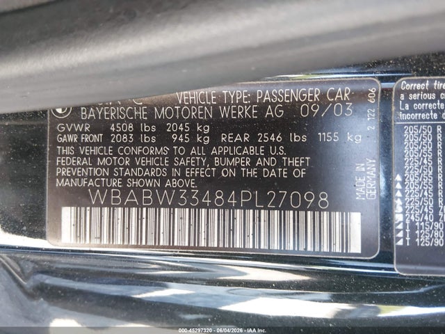 45297320 :رقم المزاد ، WBABW33484PL27098 vin ، 2004 Bmw 325ci مزاد بيع