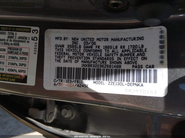 Продажа на аукционе авто 2006 Toyota Corolla Le, vin: 1NXBR32E96Z681488, номер лота: 45297323