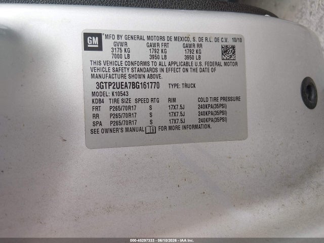 2011 Gmc Sierra 1500 Sl მანქანა იყიდება აუქციონზე, vin: 3GTP2UEA7BG161770, აუქციონის ნომერი: 45297333