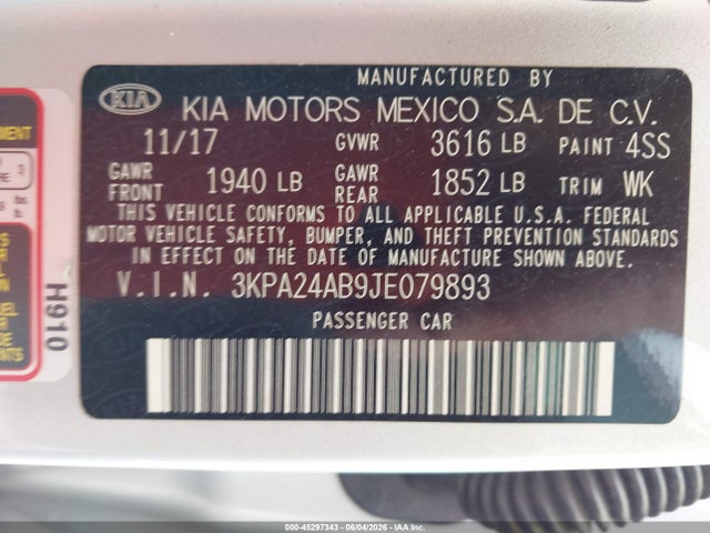 45297343 :رقم المزاد ، 3KPA24AB9JE079893 vin ، 2018 Kia Rio Lx مزاد بيع