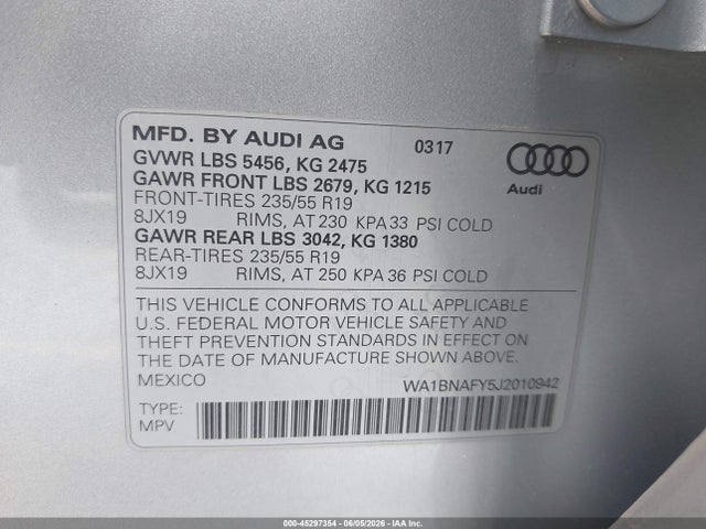 Продажа на аукционе авто 2018 Audi Q5 2.0t Premium/2.0t Tech Premium, vin: WA1BNAFY5J2010942, номер лота: 45297354