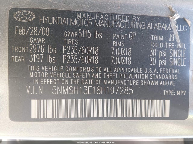 Продажа на аукционе авто 2008 Hyundai Santa Fe Limited/se, vin: 5NMSH13E18H197285, номер лота: 45297355