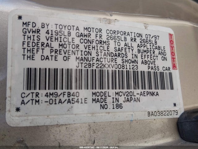 Aukcja sprzedaży 1997 Toyota Camry Le/xle, vin: JT2BF22KXV0081123, numer aukcji: 45297362