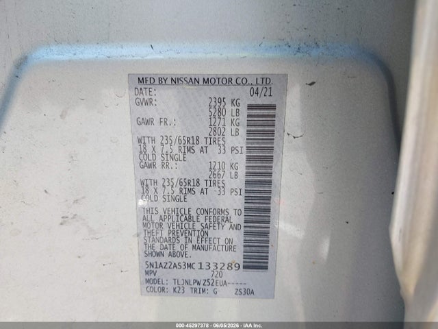 45297378 :رقم المزاد ، 5N1AZ2AS3MC133289 vin ، 2021 Nissan Murano S Intelligent Awd مزاد بيع