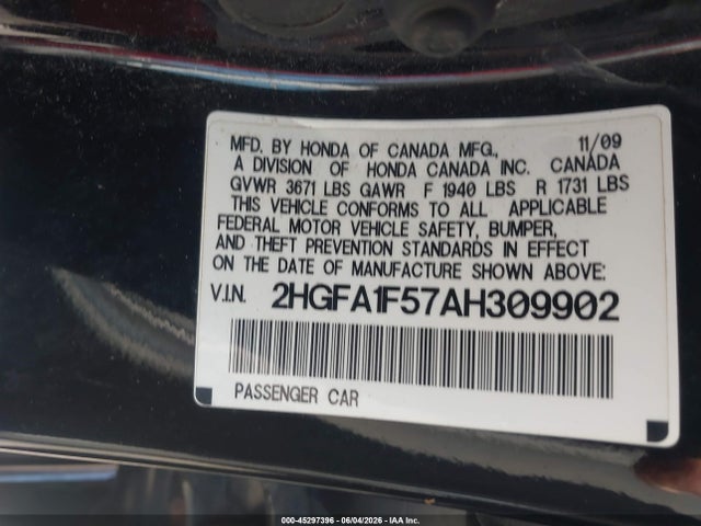 Aukcja sprzedaży 2010 Honda Civic Lx, vin: 2HGFA1F57AH309902, numer aukcji: 45297396
