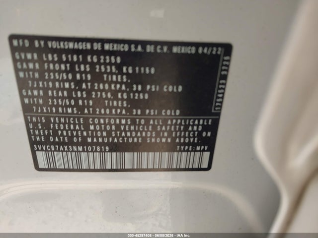2022 Volkswagen Tiguan 2.0t Se R-line Black მანქანა იყიდება აუქციონზე, vin: 3VVCB7AX3NM107819, აუქციონის ნომერი: 45297408