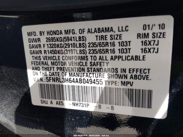 Продажа на аукционе авто 2010 Honda Odyssey Ex-l, vin: 5FNRL3H64AB049455, номер лота: 45297418