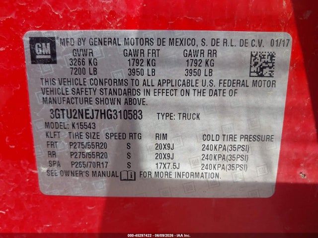 45297422 :رقم المزاد ، 3GTU2NEJ7HG310583 vin ، 2017 Gmc Sierra 1500 Slt مزاد بيع