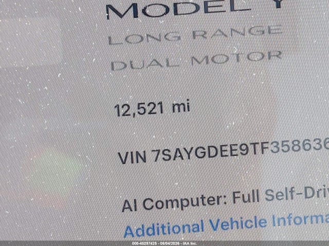 Auction sale of the 2026 Tesla Model Y All-wheel Drive/long Range Launch Series/premium All-wheel Drive, vin: 7SAYGDEE9TF358636, lot number: 45297425