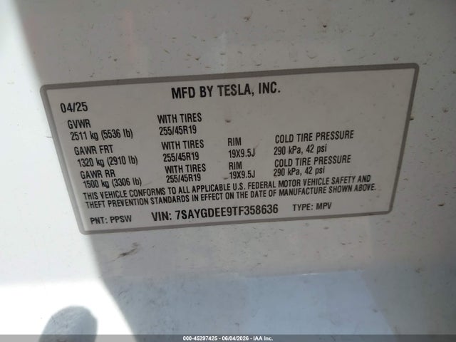Auction sale of the 2026 Tesla Model Y All-wheel Drive/long Range Launch Series/premium All-wheel Drive, vin: 7SAYGDEE9TF358636, lot number: 45297425