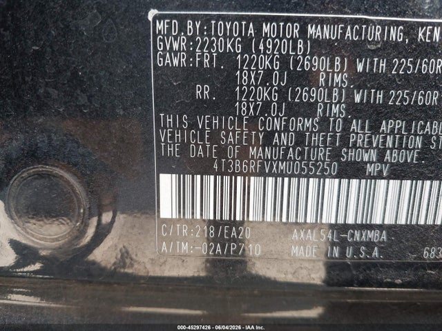 4T3B6RFVXMU055250 Toyota Rav4 Hybrid Xle Premium