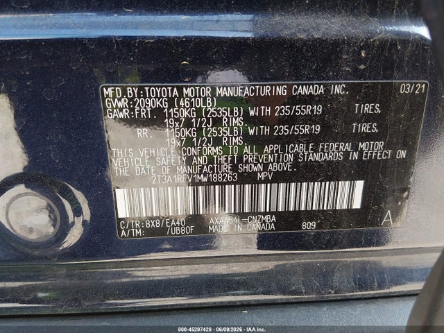 Aukcja sprzedaży 2021 Toyota Rav4 Xle Premium, vin: 2T3A1RFV1MW188263, numer aukcji: 45297428