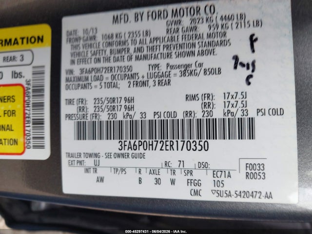 Aukcja sprzedaży 2014 Ford Fusion Se, vin: 3FA6P0H72ER170350, numer aukcji: 45297431