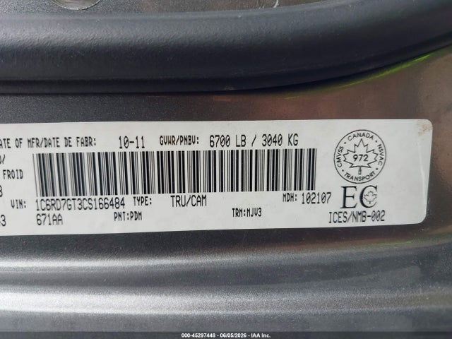Aukcja sprzedaży 2012 Ram 1500 Slt, vin: 1C6RD7GT3CS166484, numer aukcji: 45297448