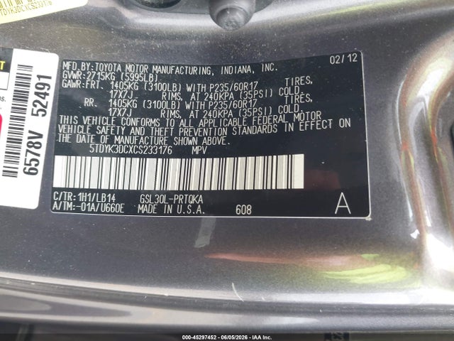 2012 Toyota Sienna Xle V6 8 Passenger მანქანა იყიდება აუქციონზე, vin: 5TDYK3DCXCS233176, აუქციონის ნომერი: 45297452