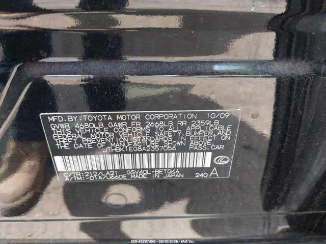 45297455 :رقم المزاد ، JTHBK1EG8A2357056 vin ، 2010 Lexus Es 350 مزاد بيع