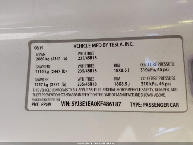 Tesla Model 3 Long Range/mid Range/standard Range/standard Range Plus 2019 5YJ3E1EA0KF486187 Image 9