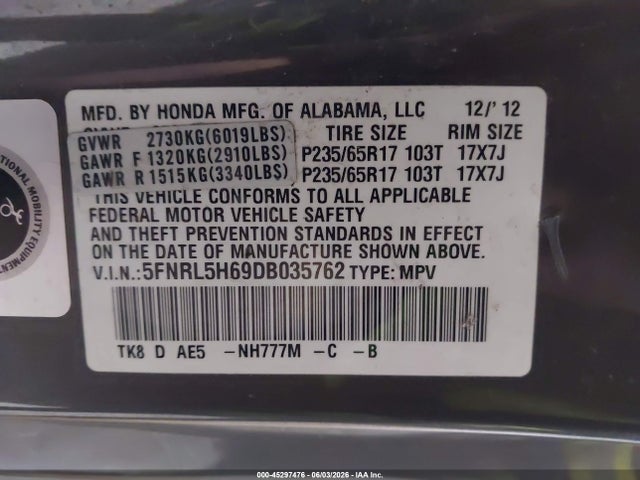 Продаж на аукціоні авто 2013 Honda Odyssey Ex-l, vin: 5FNRL5H69DB035762, номер лоту: 45297476