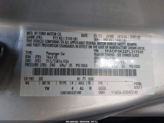 Auction sale of the 2015 Ford Focus Se, vin: 1FADP3K22FL317935, lot number: 45297482