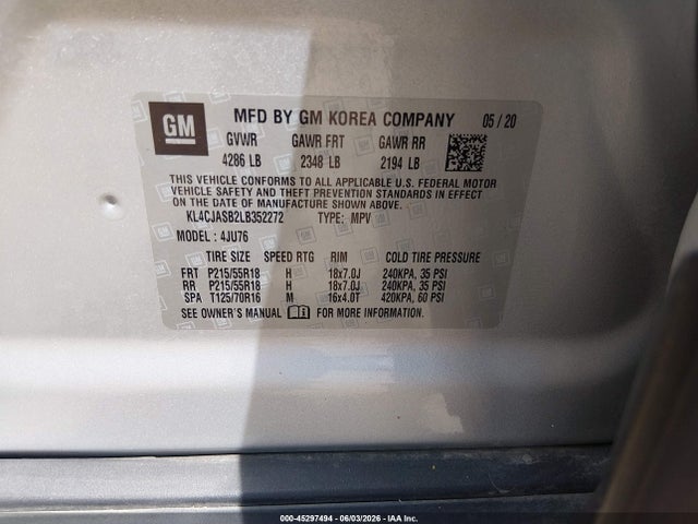 45297494 :رقم المزاد ، KL4CJASB2LB352272 vin ، 2020 Buick Encore Fwd Preferred مزاد بيع