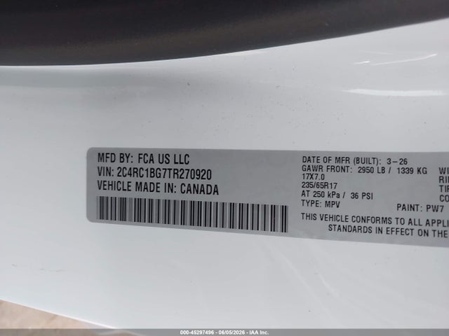 Aukcja sprzedaży 2026 Chrysler Pacifica Select, vin: 2C4RC1BG7TR270920, numer aukcji: 45297496