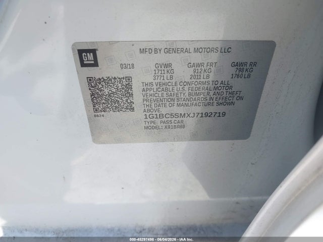2018 Chevrolet Cruze Ls Auto მანქანა იყიდება აუქციონზე, vin: 1G1BC5SMXJ7192719, აუქციონის ნომერი: 45297498