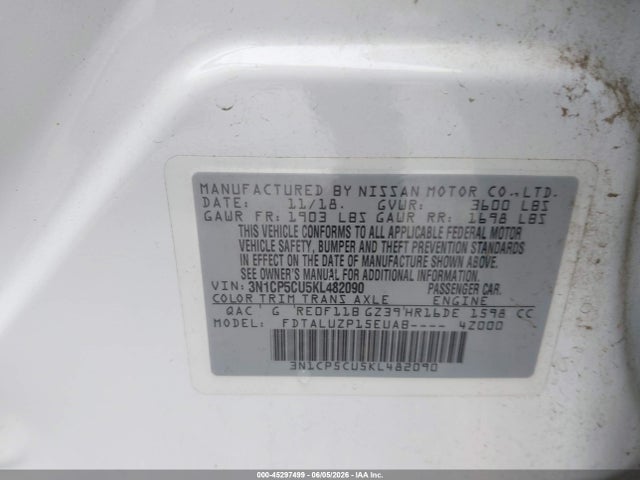 Продаж на аукціоні авто 2019 Nissan Kicks Sr, vin: 3N1CP5CU5KL482090, номер лоту: 45297499