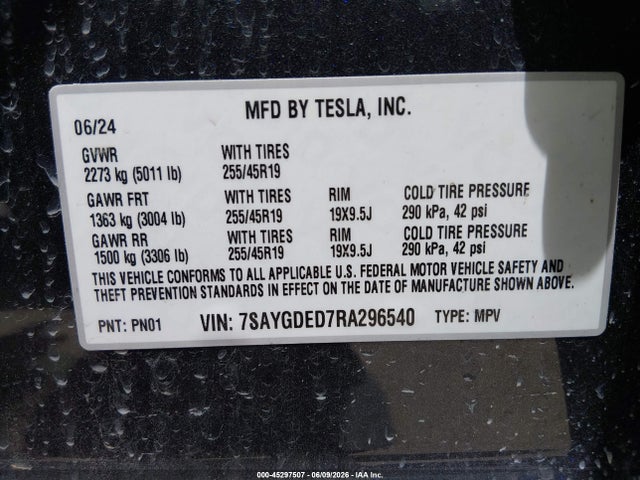 Aukcja sprzedaży 2024 Tesla Model Y Long Range Single Motor Rear-wheel Drive/rwd, vin: 7SAYGDED7RA296540, numer aukcji: 45297507