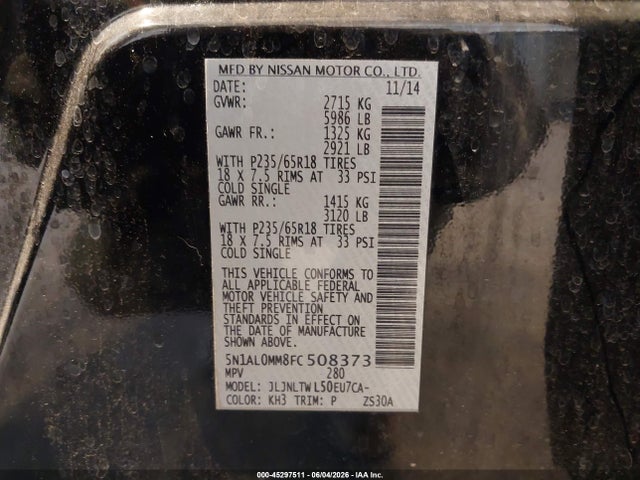 2015 Infiniti Qx60 მანქანა იყიდება აუქციონზე, vin: 5N1AL0MM8FC508373, აუქციონის ნომერი: 45297511