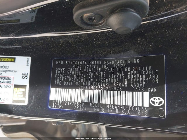 Продаж на аукціоні авто 2025 Toyota Corolla Le, vin: 5YFB4MDE7SP259975, номер лоту: 45297514