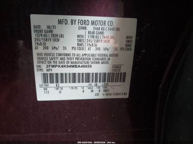 2021 Ford Edge Titanium მანქანა იყიდება აუქციონზე, vin: 2FMPK4K94MBA48659, აუქციონის ნომერი: 45297555