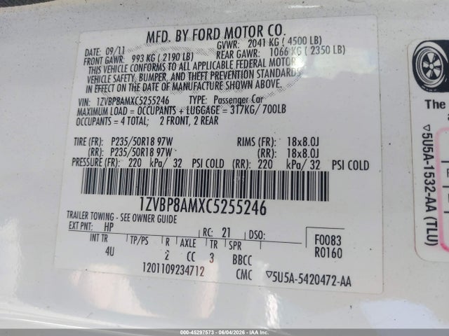 Продаж на аукціоні авто 2012 Ford Mustang V6 Premium, vin: 1ZVBP8AMXC5255246, номер лоту: 45297573