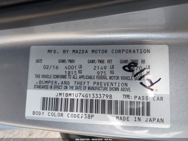2016 Mazda Mazda3 I Sport მანქანა იყიდება აუქციონზე, vin: JM1BM1U74G1333798, აუქციონის ნომერი: 45297586