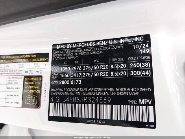 Aukcja sprzedaży 2025 Mercedes-benz Gle 350, vin: 4JGFB4EB8SB324869, numer aukcji: 45297588
