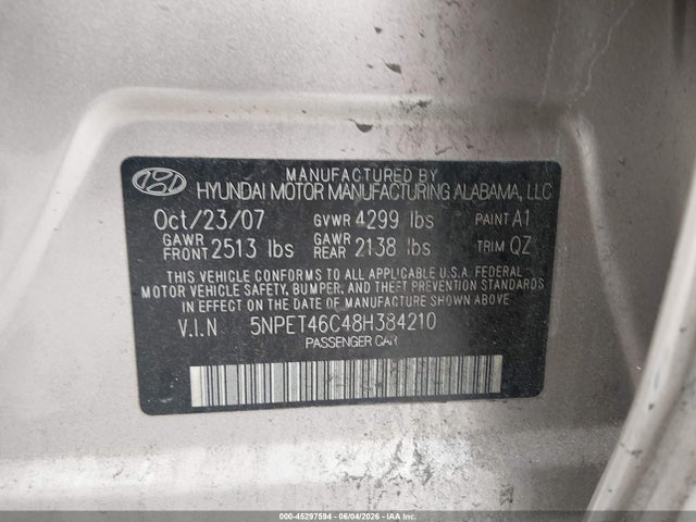 Aukcja sprzedaży 2008 Hyundai Sonata Gls, vin: 5NPET46C48H384210, numer aukcji: 45297594