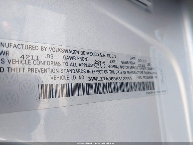 Aukcja sprzedaży 2011 Volkswagen Jetta 2.5l Sel, vin: 3VWLZ7AJ8BM312289, numer aukcji: 45297604