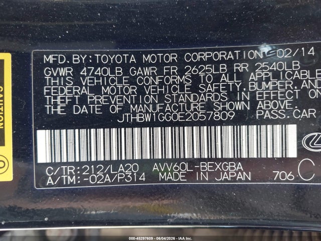 Aukcja sprzedaży 2014 Lexus Es 300h, vin: JTHBW1GG0E2057809, numer aukcji: 45297609