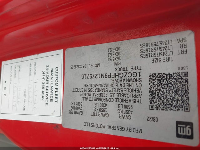 Auction sale of the 2022 Chevrolet Express Cargo Rwd 3500 Extended Wheelbase Wt, vin: 1GCZGHFP9N1279715, lot number: 45297616