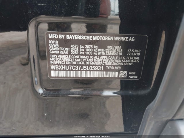 45297619 :رقم المزاد ، WBXHU7C37J5L05931 vin ، 2018 Bmw X1 Sdrive28i مزاد بيع