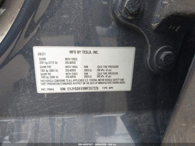 Aukcja sprzedaży 2021 Tesla Model Y Long Range Dual Motor All-wheel Drive, vin: 5YJYGDEE8MF267226, numer aukcji: 45297627