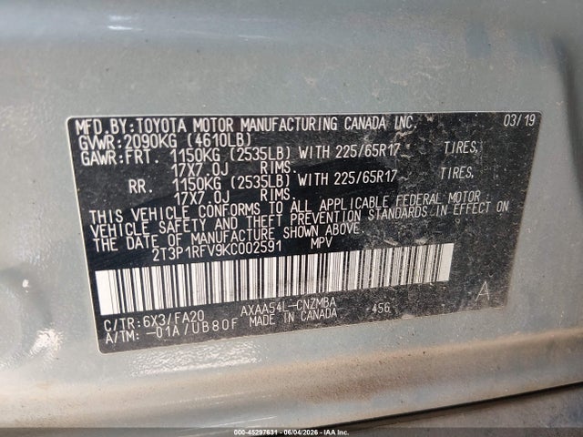 Продажа на аукционе авто 2019 Toyota Rav4 Xle, vin: 2T3P1RFV9KC002591, номер лота: 45297631