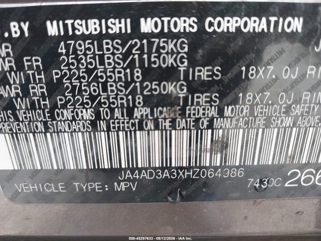 Aukcja sprzedaży 2017 Mitsubishi Outlander Sel, vin: JA4AD3A3XHZ064986, numer aukcji: 45297633