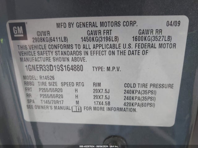 Aukcja sprzedaży 2009 Chevrolet Traverse Ltz, vin: 1GNER33D19S164880, numer aukcji: 45297634