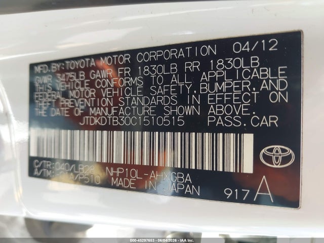 Aukcja sprzedaży 2012 Toyota Prius C Four, vin: JTDKDTB30C1510515, numer aukcji: 45297653