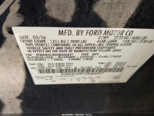 45297661 :رقم المزاد ، 2FMGK5D80GBA06827 vin ، 2016 Ford Flex Limited مزاد بيع