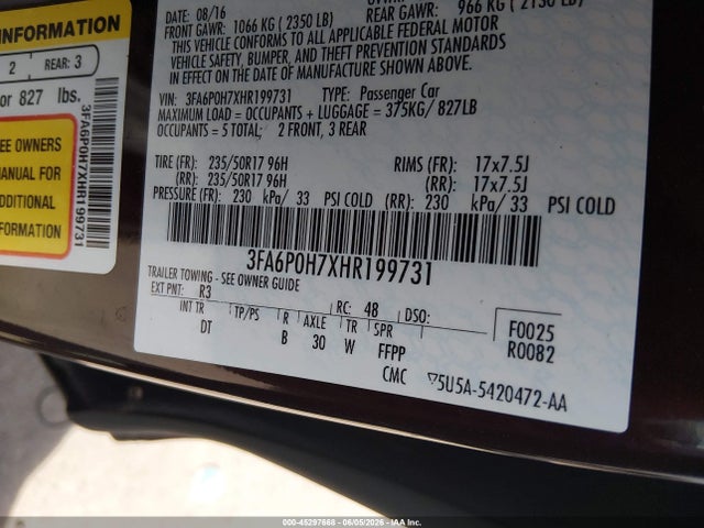 Aukcja sprzedaży 2017 Ford Fusion Se, vin: 3FA6P0H7XHR199731, numer aukcji: 45297668