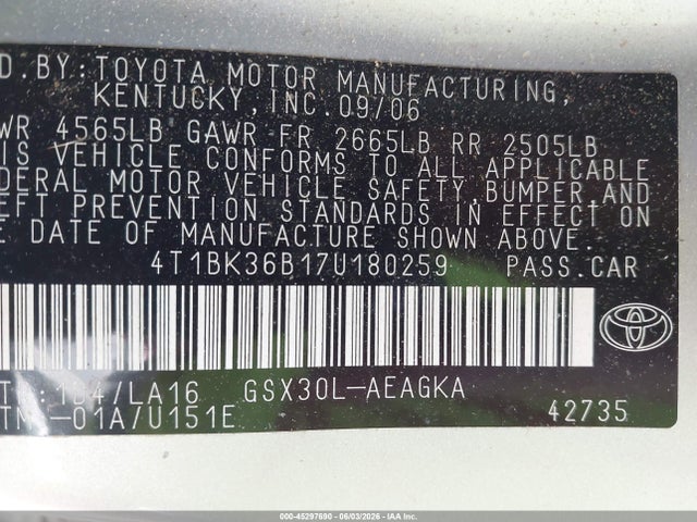 45297690 :رقم المزاد ، 4T1BK36B17U180259 vin ، 2007 Toyota Avalon Xls مزاد بيع